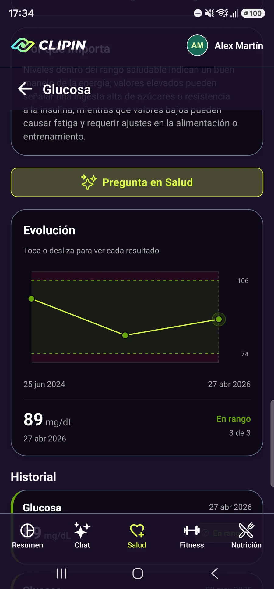 Pantalla de glucosa con historial y gráfico de evolución