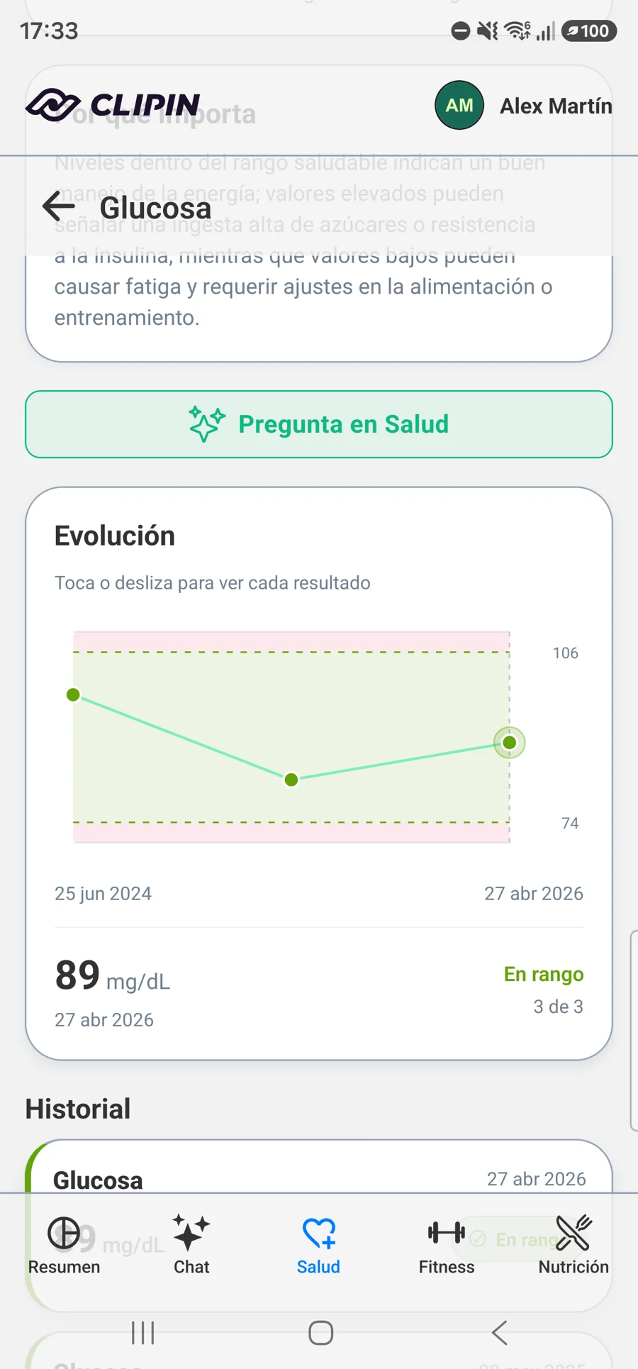 Pantalla de glucosa con historial y gráfico de evolución